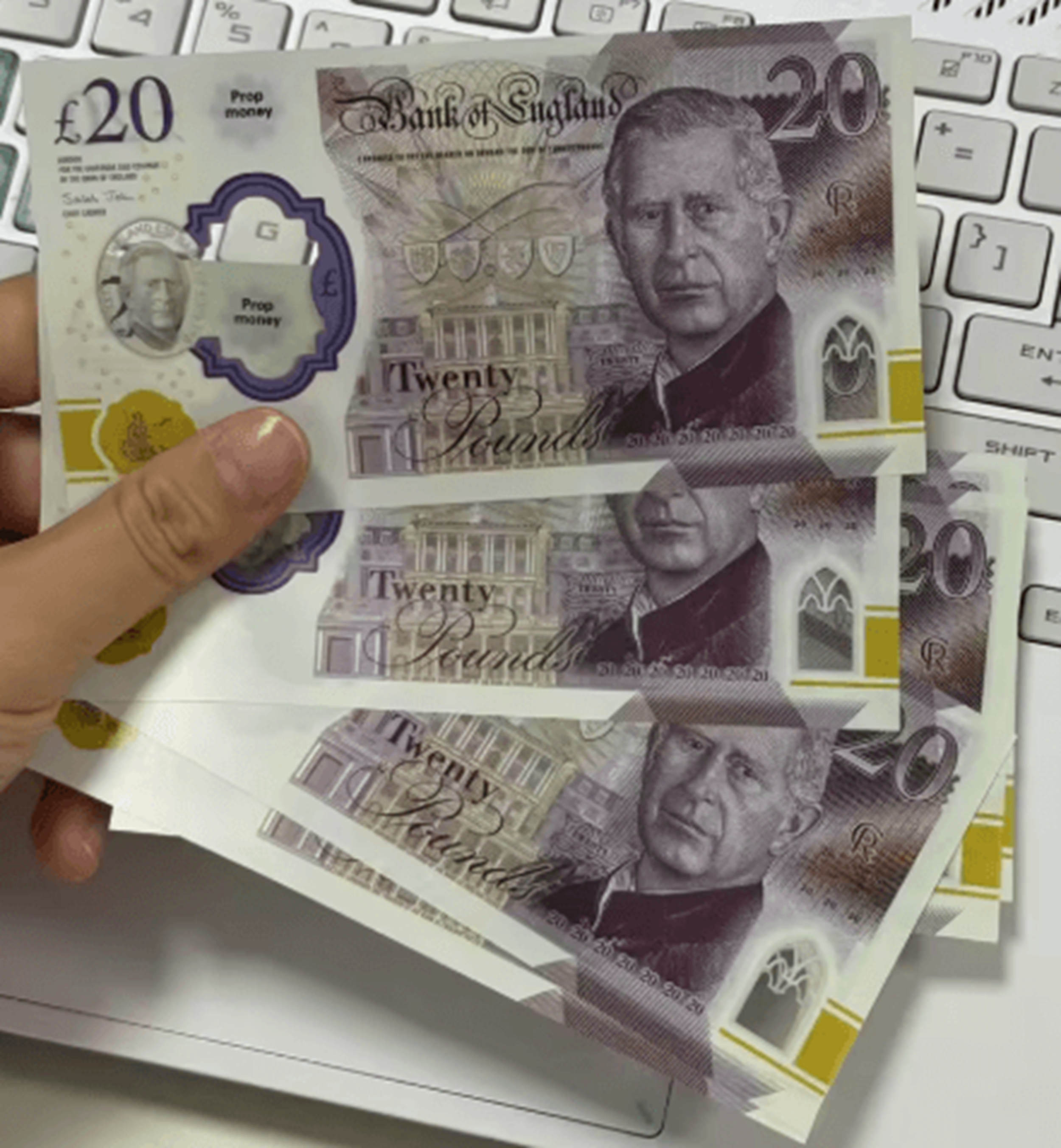 Prop money close-up showing watermark